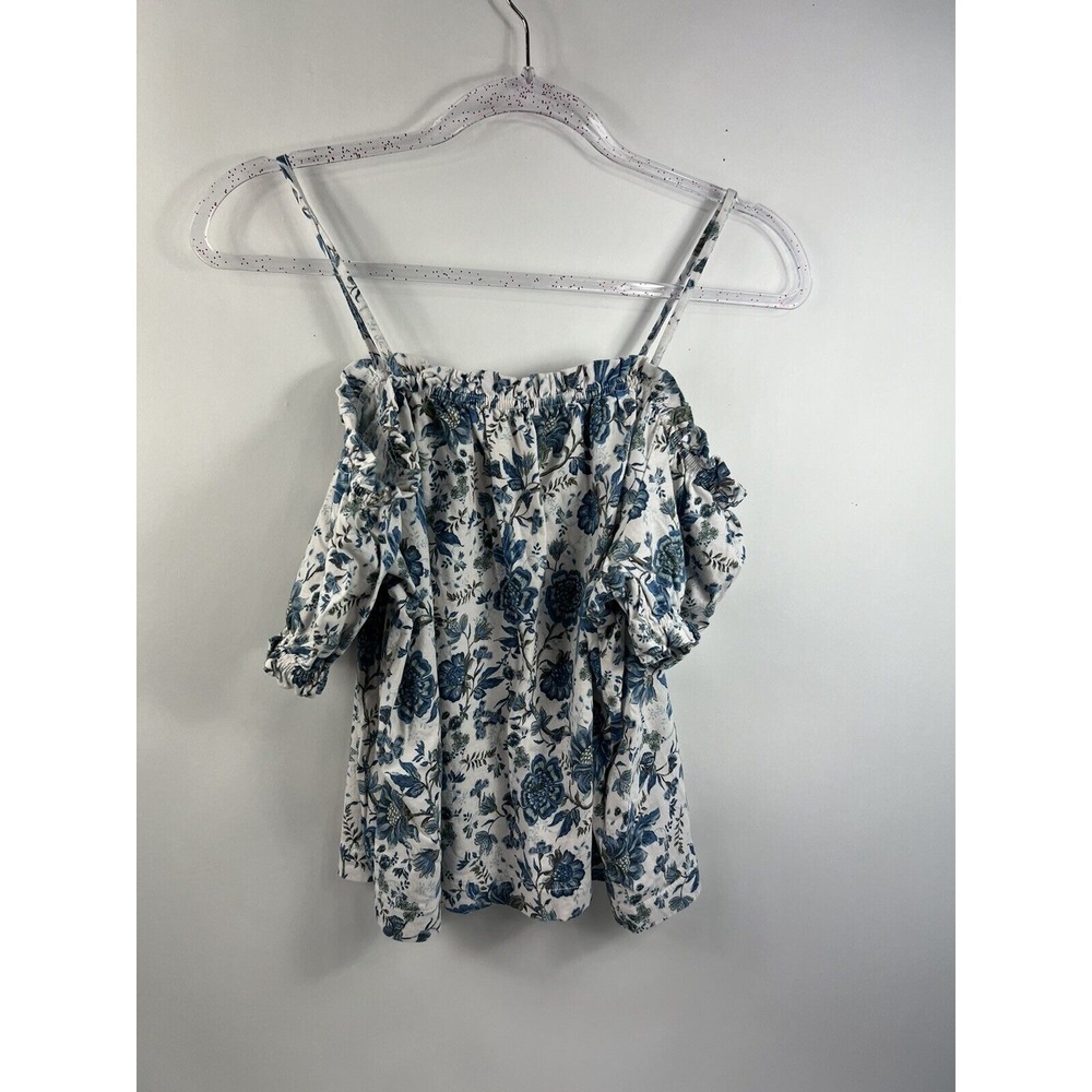 H&M Off The Shoulder Blouse Women's Sz M White Floral Elastic Neck/Short Sleeves